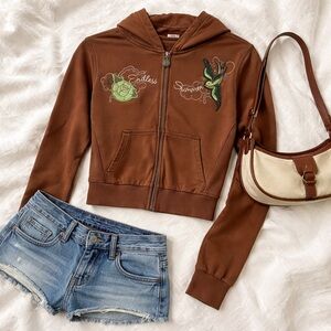 Y2K Zip Cropped Hoodie XS Brown Embroidered Bird Rose 2000s